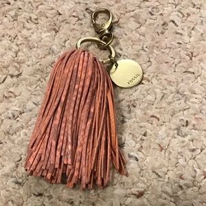 FOSSIL LEATHER TASSLE BAG CHARM NWOT GOLD TONE HDWR